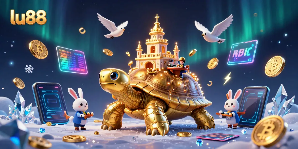 Experience thrilling gameplay at lu88 with a 3D illustration of a golden tortoise casino, showcasing vibrant elements.