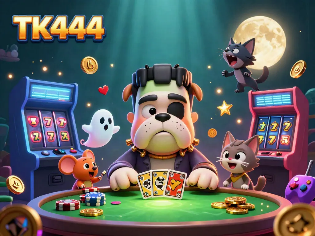 Engaging TK444 casino scene featuring a monster bulldog dealing cards with a ghost mouse and a werewolf kitten under a glowing moon.