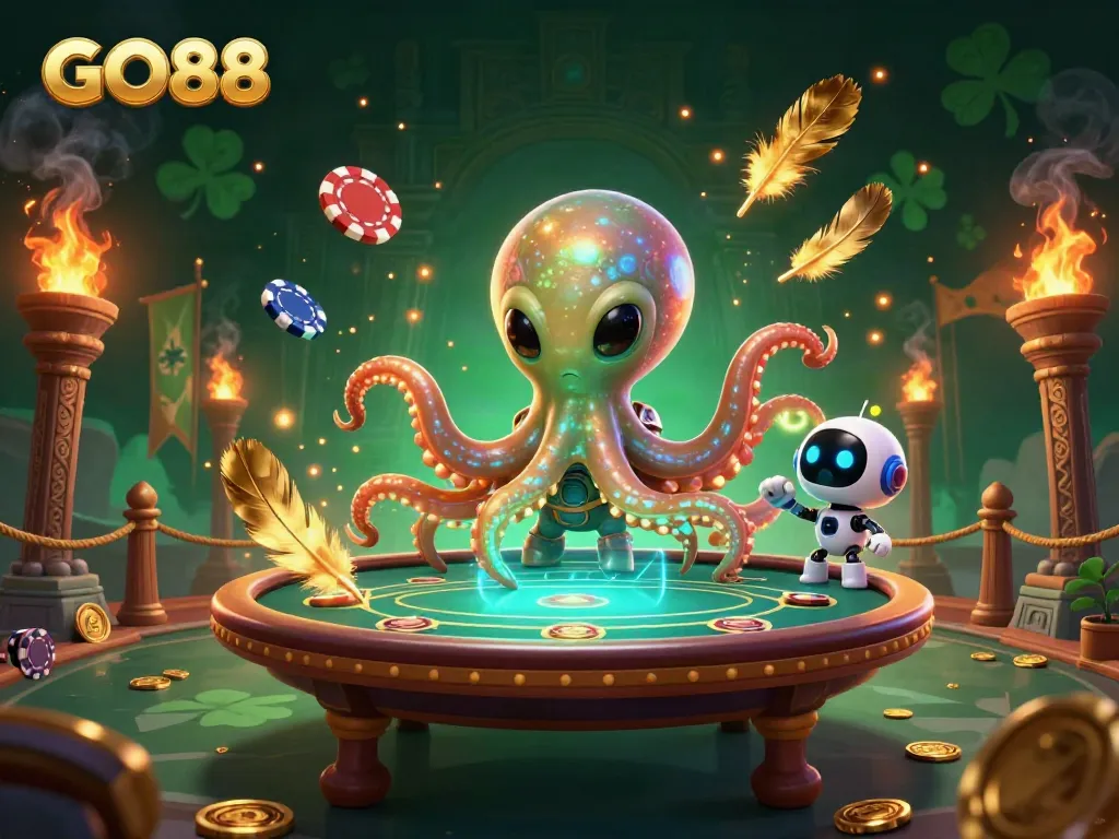 Engage with GO88 at a dynamic poker scene featuring an octopus dealer and robot companion.