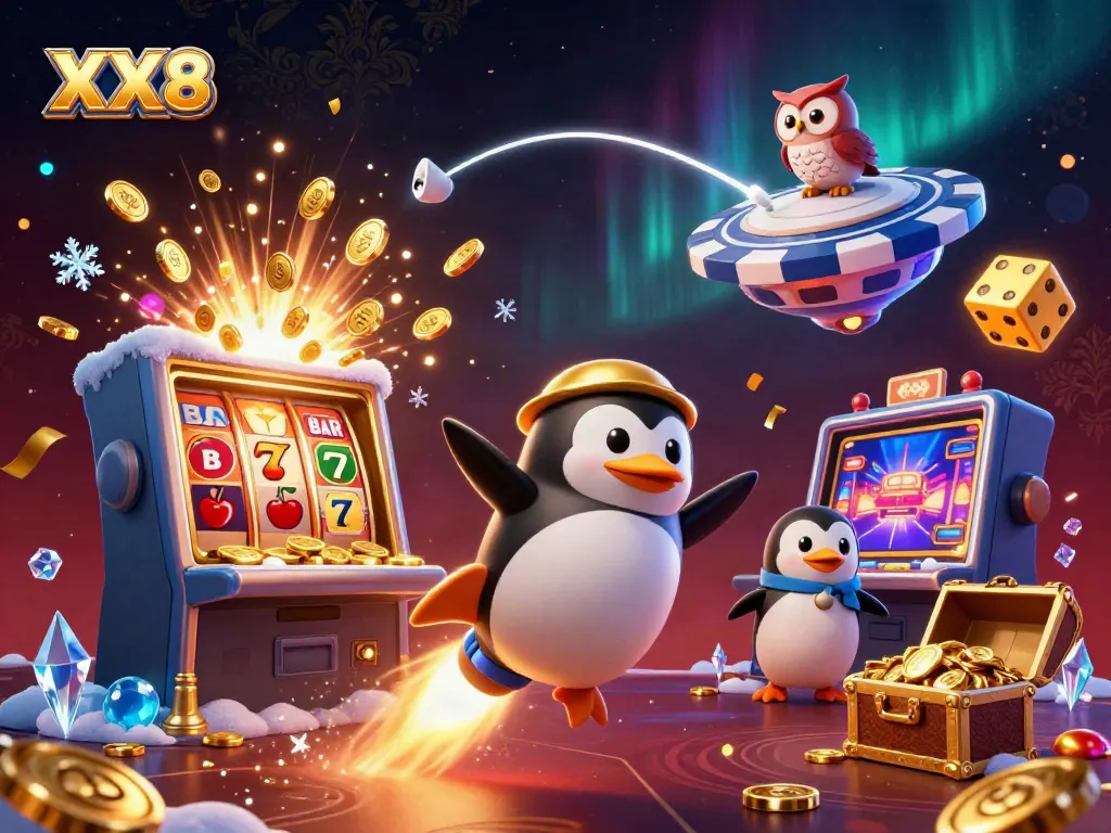 Experience thrilling gameplay on XX8 with a dynamic 3D illustration featuring a golden rocket penguin and casino elements.