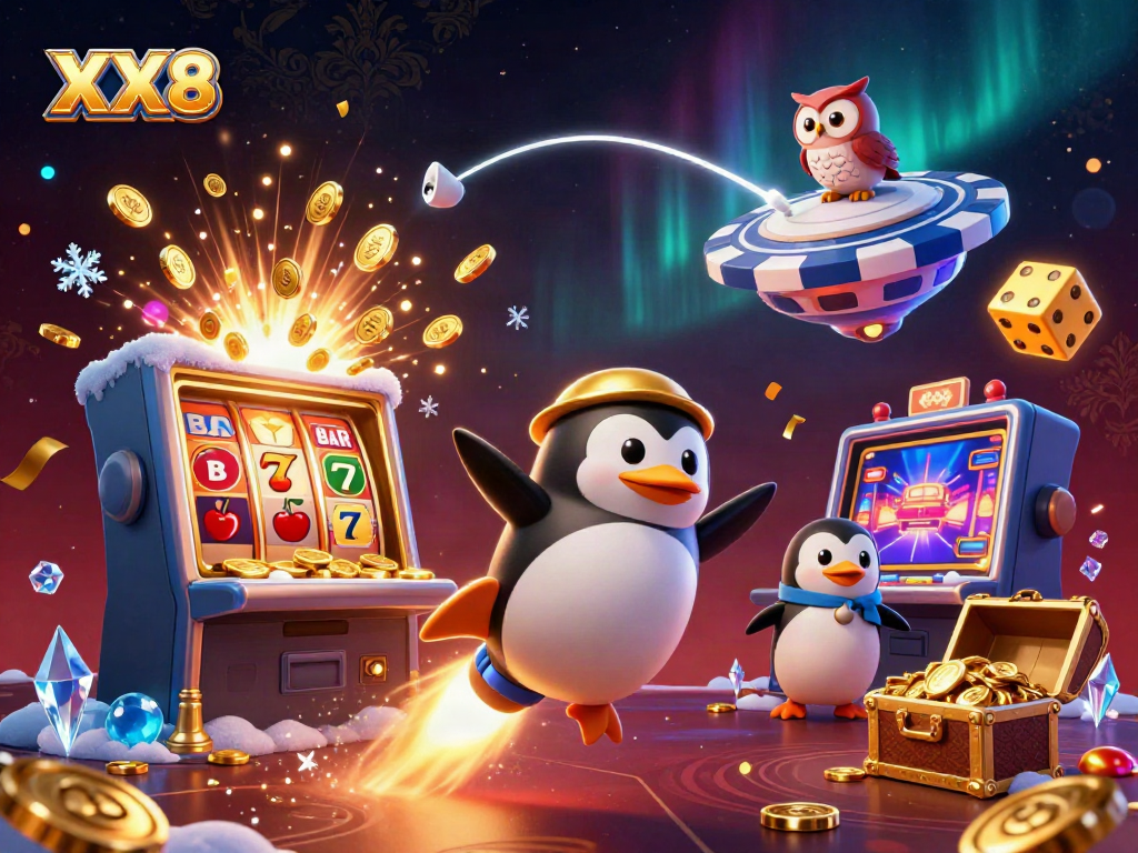Experience thrilling gameplay on XX8 with a dynamic 3D illustration featuring a golden rocket penguin and casino elements.