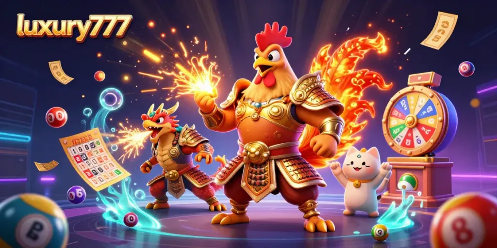 Experience luxury777's vibrant gaming with a fighting rooster, dragon hatchling, and lottery elements.