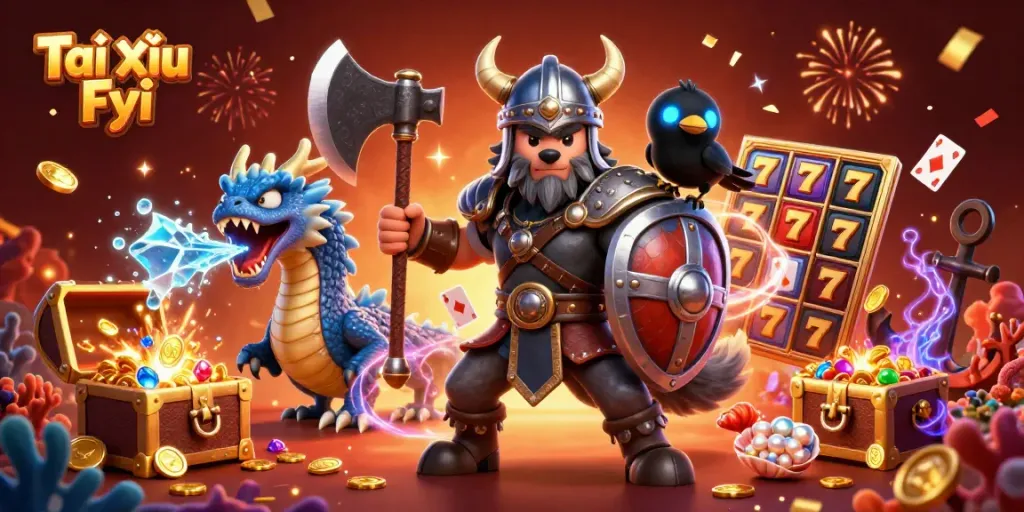 Tài Xỉu Fyi Viking wolf warrior and dragon celebrating jackpot wins in a vibrant casino world.