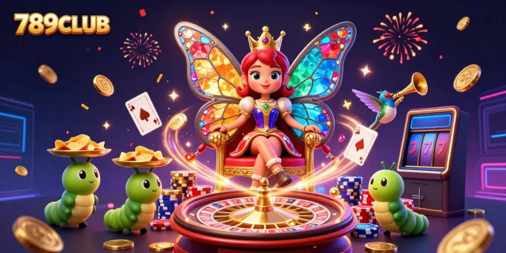 Experience the excitement of 789CLUB with a dazzling 3D butterfly queen amidst casino action and vibrant symbols.