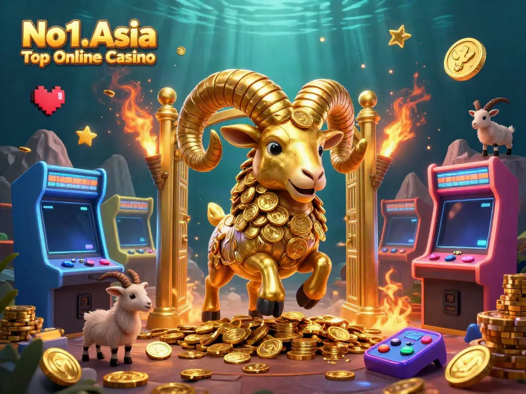 Experience thrilling gameplay at No1.Asia Top Online Casino with a dynamic 3D scene of a golden ram charging through arcade features.