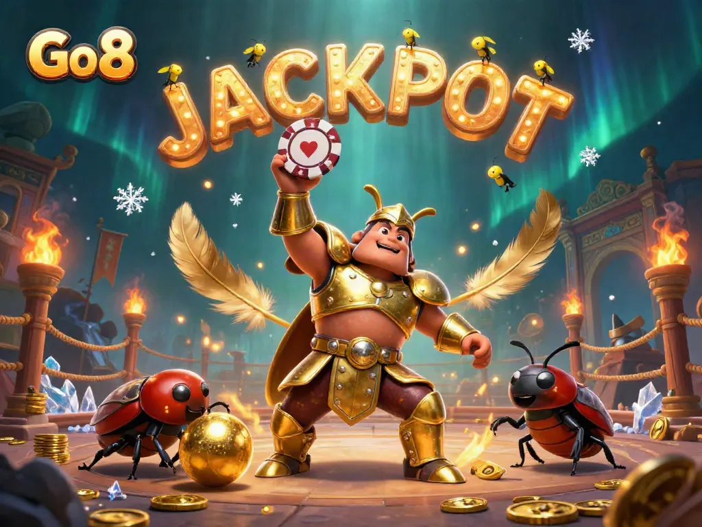 Celebrate wins at Go 8 with victory beetles and jackpot fireflies in a dynamic casino scene.