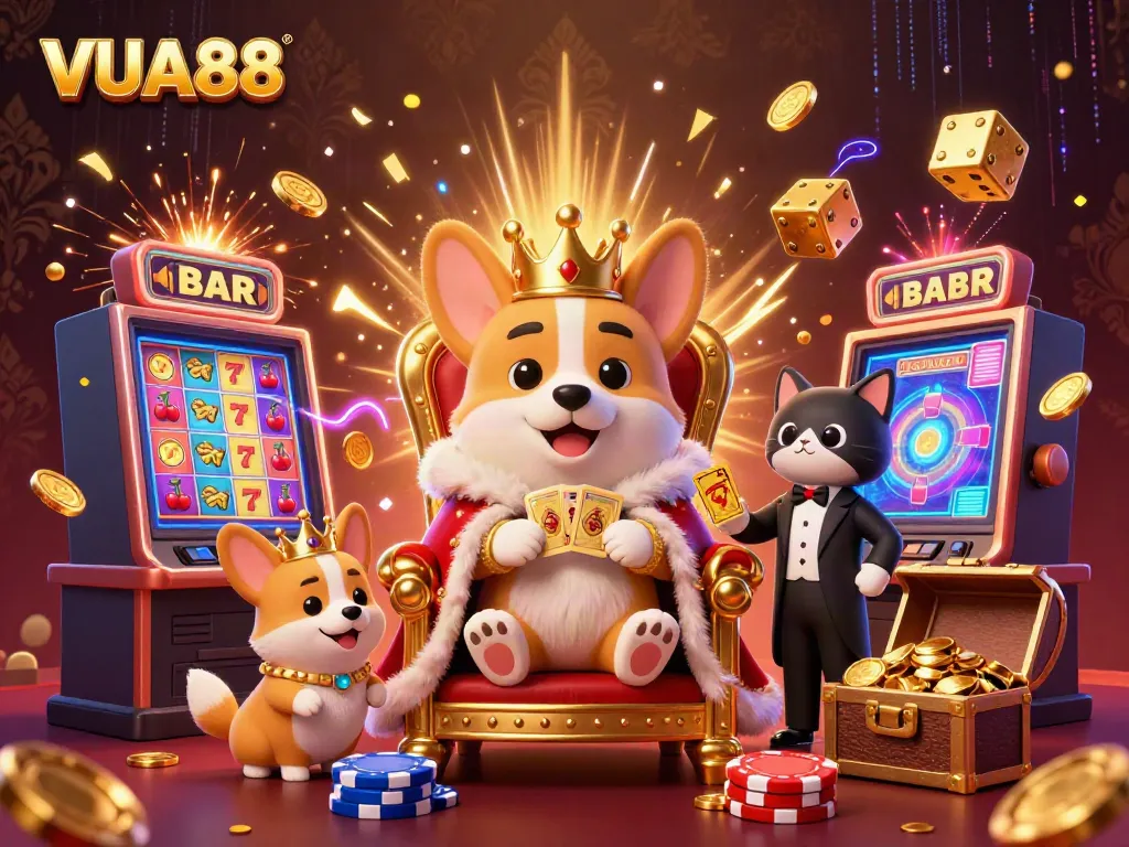 Experience the excitement at VUA88 with vibrant 3D illustration of a royal corgi and lively casino elements.
