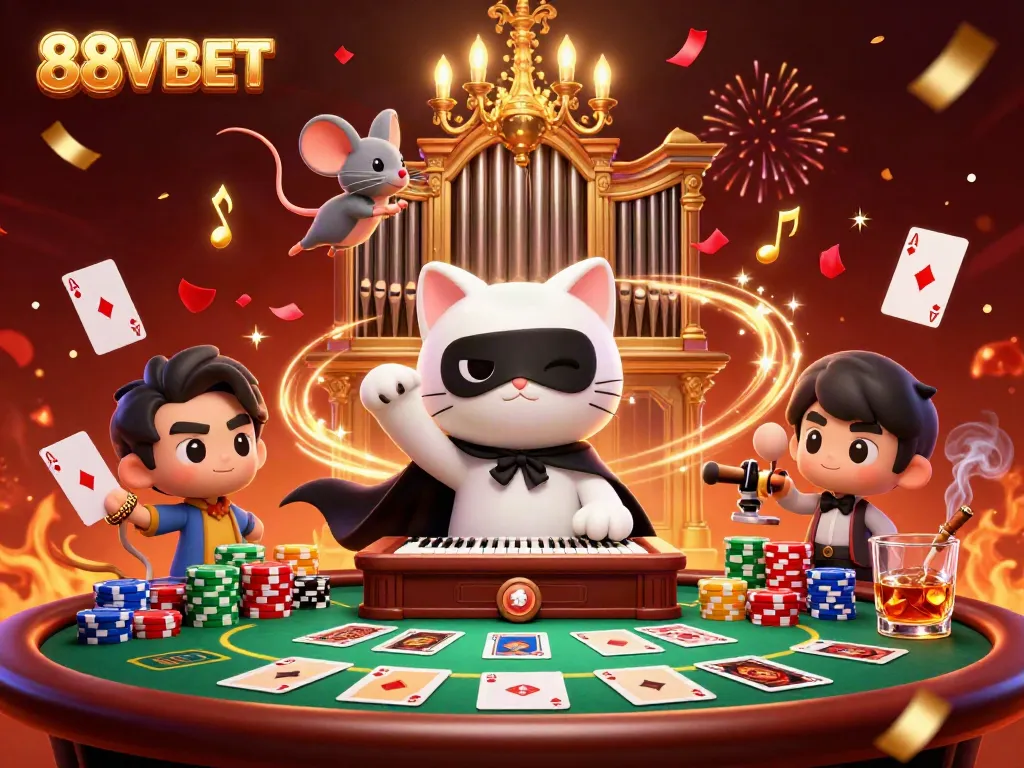 Experience the excitement of 88VBET with a vibrant casino scene featuring a festive cat and mouse.