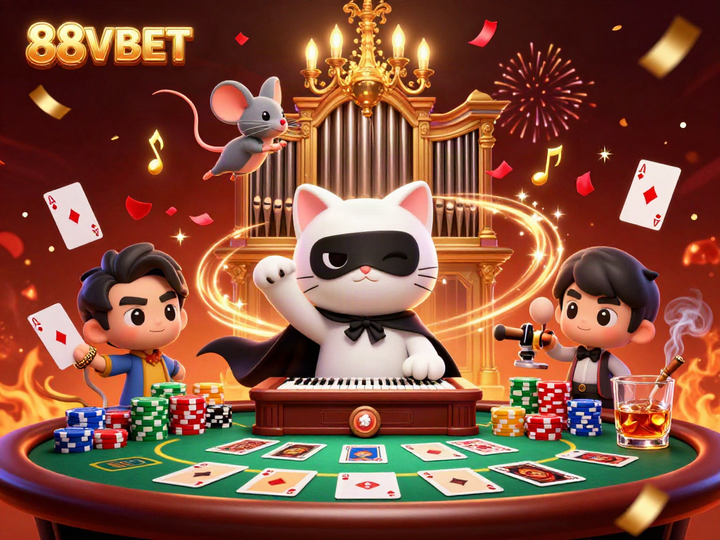 Experience the excitement of 88VBET with a vibrant casino scene featuring a festive cat and mouse.
