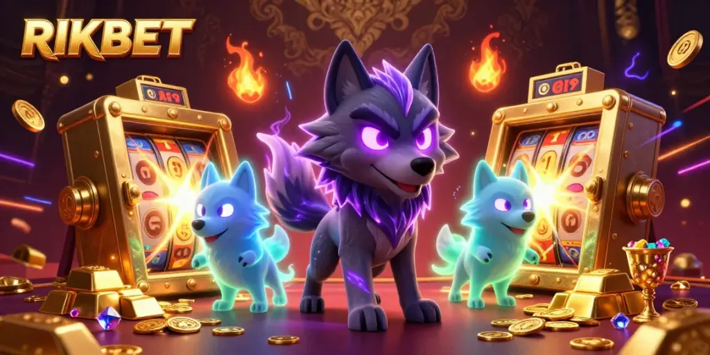 Players spin for massive wins at RIKBET's vibrant, dynamic casino scene filled with gems and golden treasures.