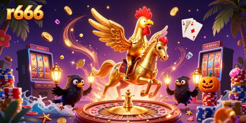 Engage in thrilling gameplay with r666, featuring a golden rooster and dynamic casino elements.