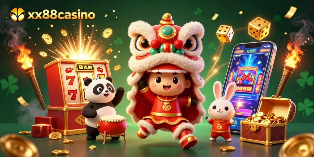 Experience the excitement of winning at xx88casino with vibrant 3D characters in a lively casino setting.