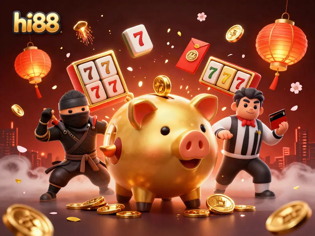 Experience thrilling action with hi88’s vibrant casino scene featuring iconic slot reels and dynamic characters.