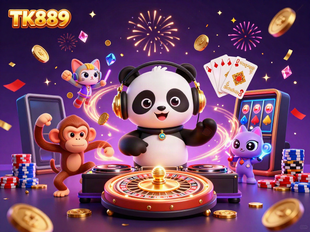 Engage with the vibrant TK889 casino realm featuring a DJ panda, breakdancing monkey, and dancing kitten amidst gambling excitement.