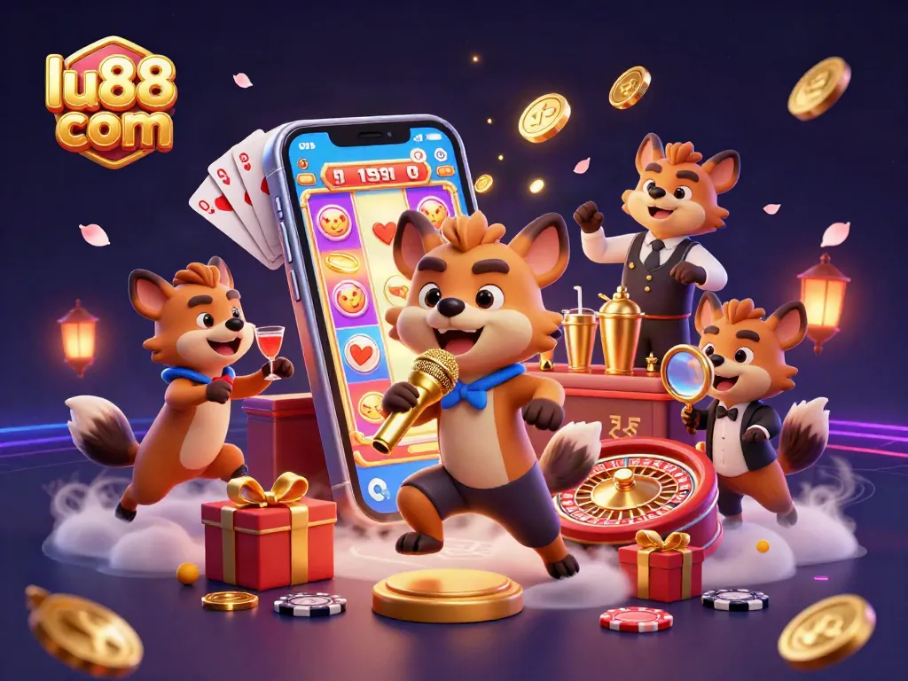 Join the excitement at lu88 com with a vibrant 3D illustration featuring a lively casino scene.