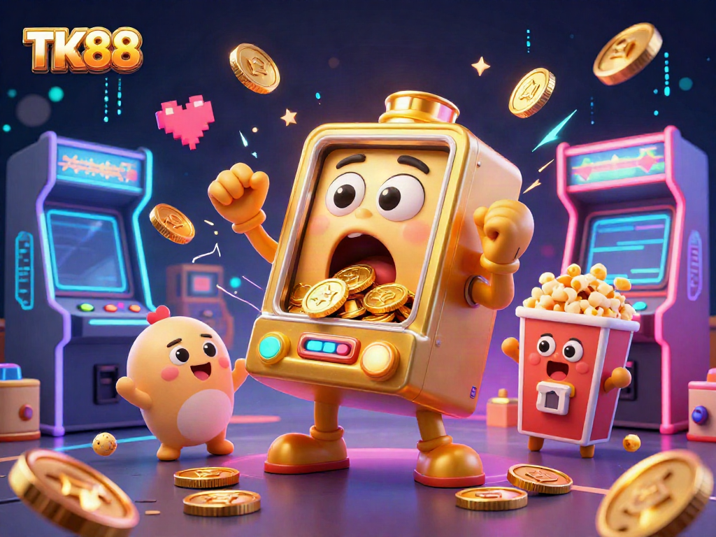TK88 slot machine celebrates a jackpot, surrounded by cheering machines and colorful game elements.