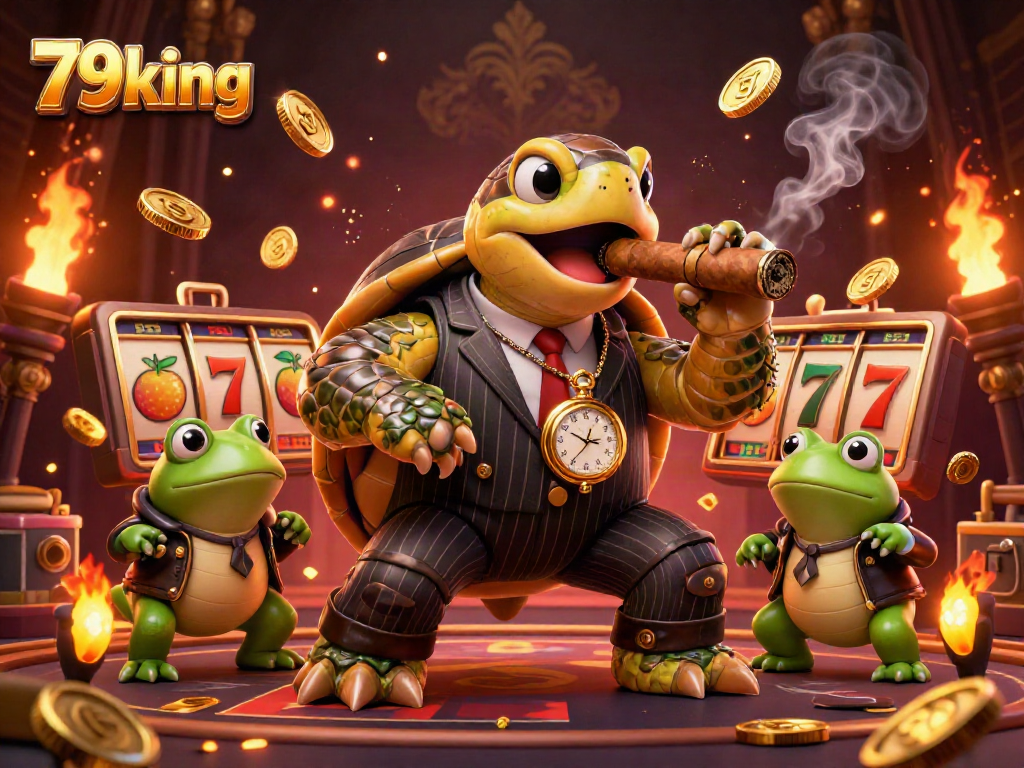Experience thrilling gambling action with 79king in this vibrant 3D illustration showcasing a turtle mobster and bullfrogs surrounded by dynamic slots and jackpot symbols.