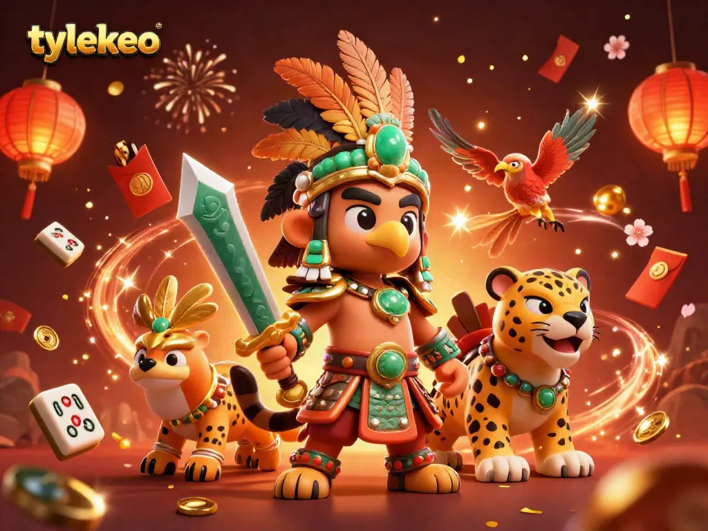 Place bets with tylekeo as the Aztec warriors battle amidst floating mahjong tiles and lucky charms.