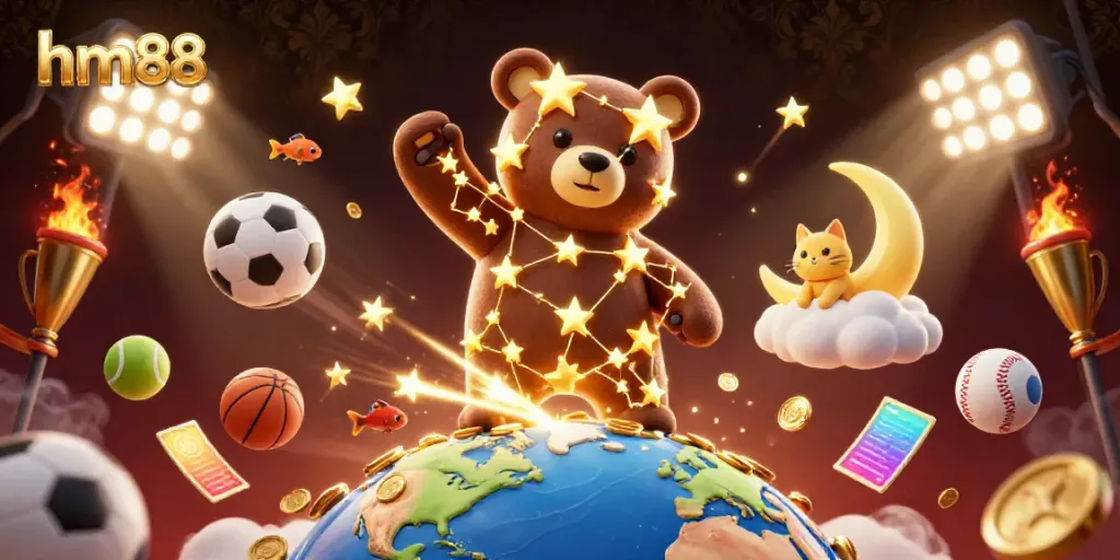Engage in thrilling gameplay with hm88 as the constellation bear scoops up shimmering coins amidst sports excitement.
