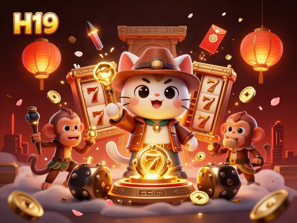 Experience thrilling adventures with H19, featuring a cartoon cat archaeologist and casino treasures.