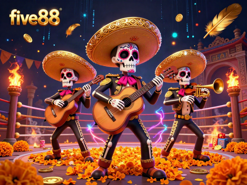 Experience thrilling gameplay with five88's vibrant mariachi skeleton band amidst casino elements.
