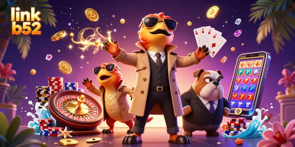 Experience a vibrant casino scene with cascading coins and the intriguing link b52 mascots.