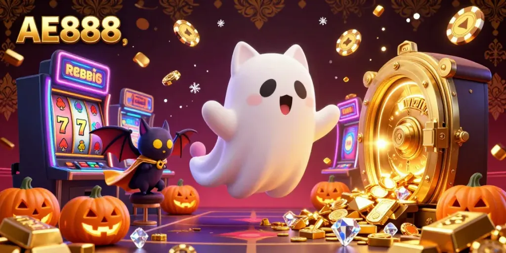 Experience the enchanting world of AE888 with a ghost cat and vampire bat in a lively casino atmosphere.