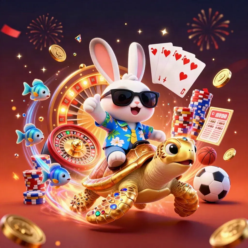Lucky rabbit rides a gem turtle amid coins, cards, chips, fireworks, and casino-style energy.