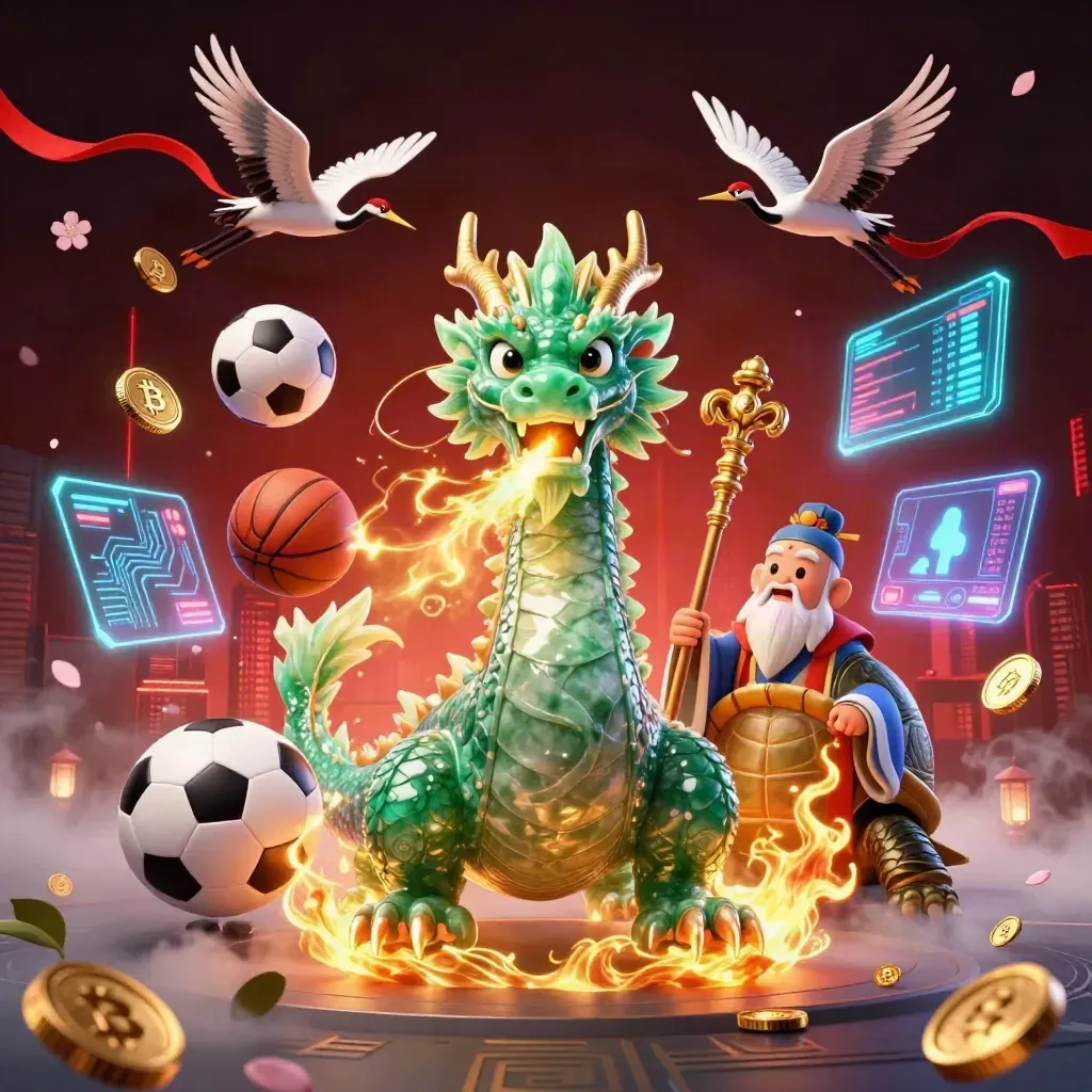 Jade dragon, turtle sage, and cranes amid casino coins, balls, and neon effects in a dark skyline