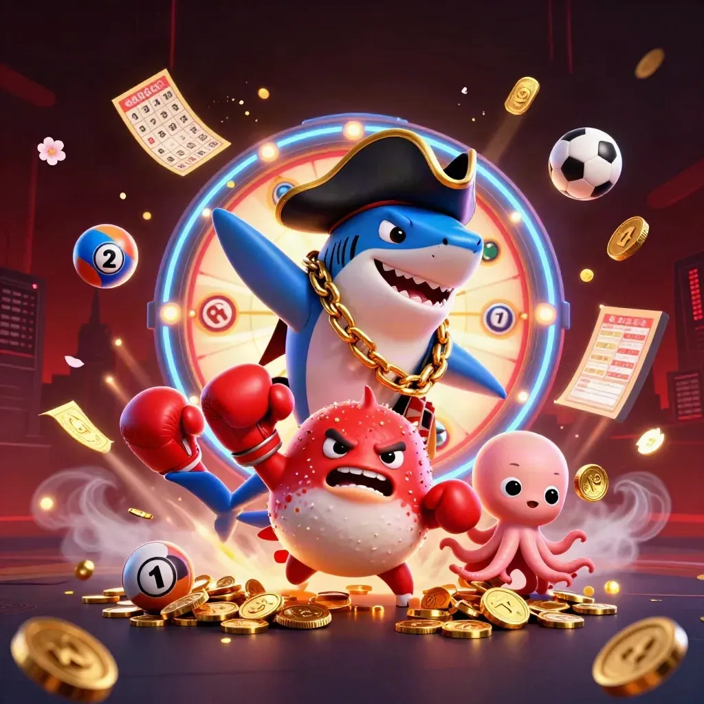 Pirate shark, pufferfish, and octopus amid casino and sports icons in neon light.