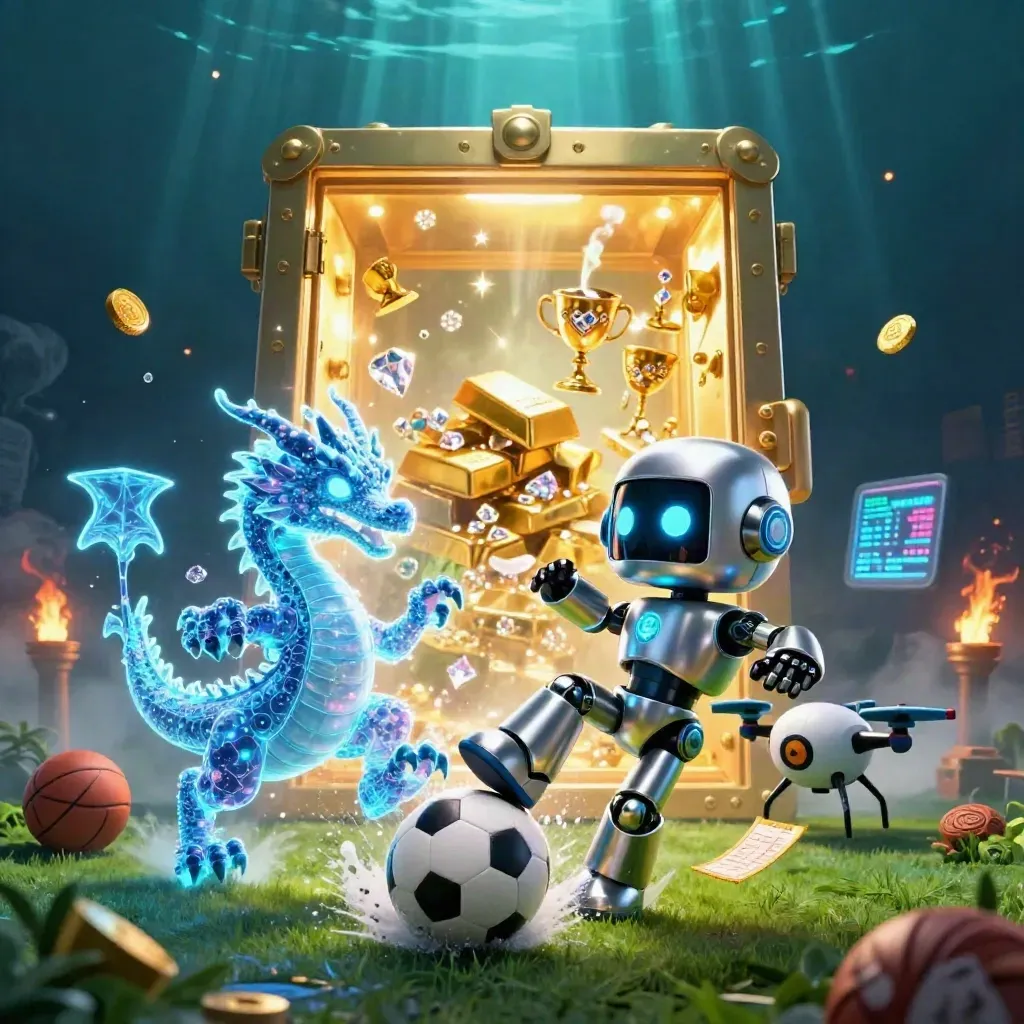 Cyberpunk robot, holographic dragon, drone, gold vault and sports gear in a neon casino burst.