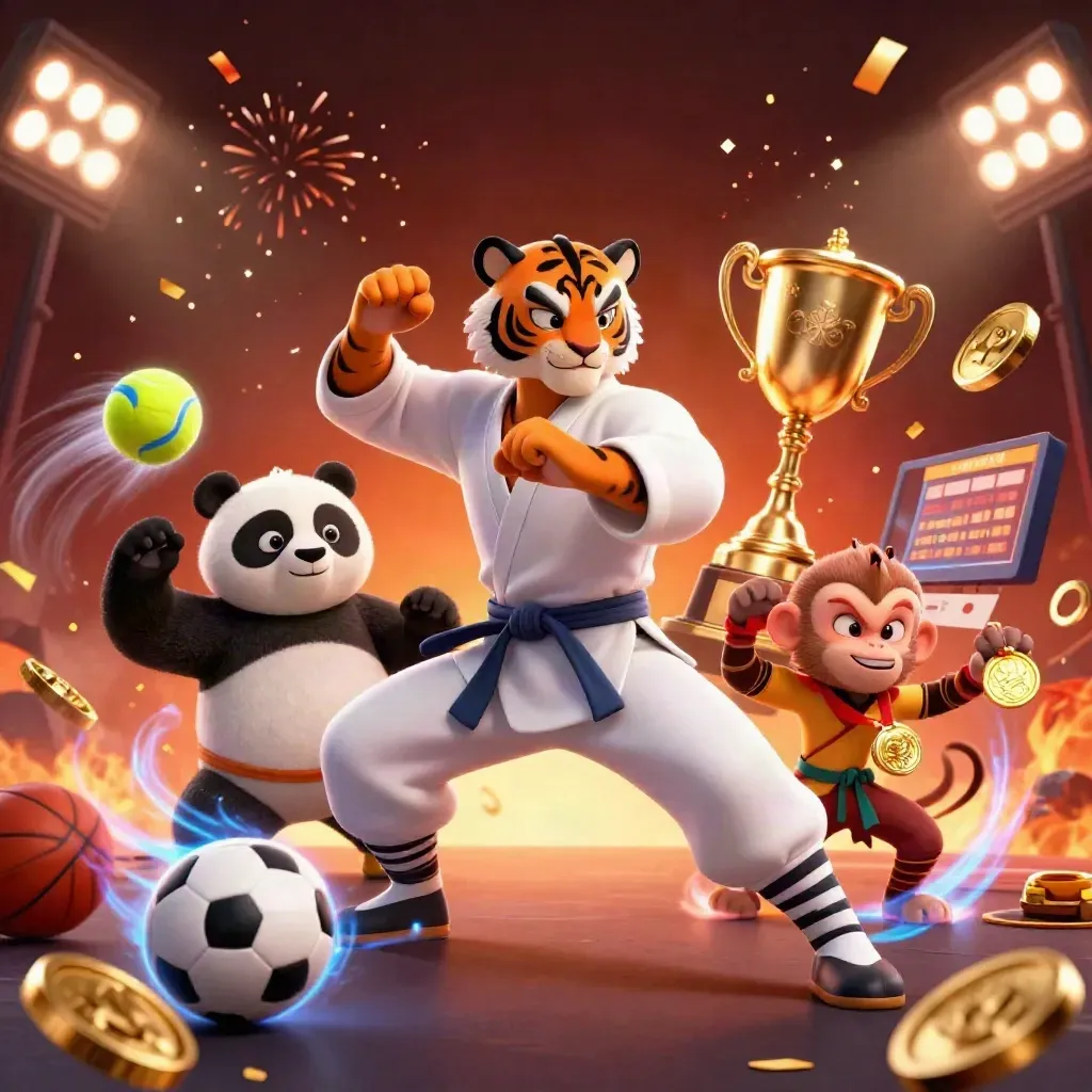 Tiger, panda, and monkey cartoon athletes amid flying balls, coins, trophy, and arena lights.