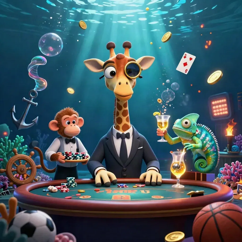 Underwater casino heroes with coin shower, coral, cards, and blue caustic light.