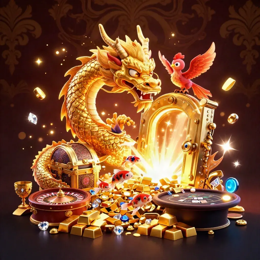 Golden dragon, phoenix, koi, treasure vault, jewels, roulette wheel, premium casino splash art