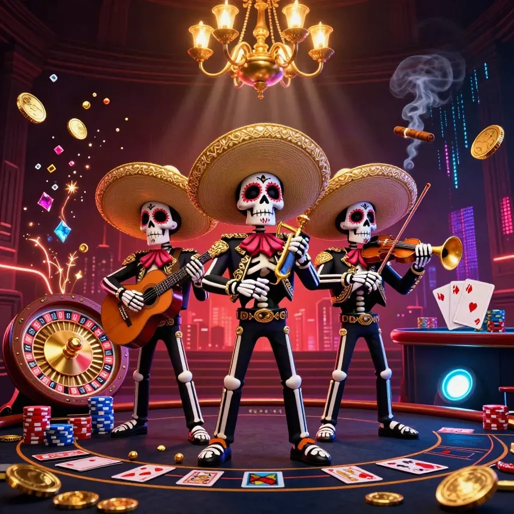 Day-of-the-Dead skeleton mariachi trio amid casino lights, coins, cards, and a spinning roulette wheel