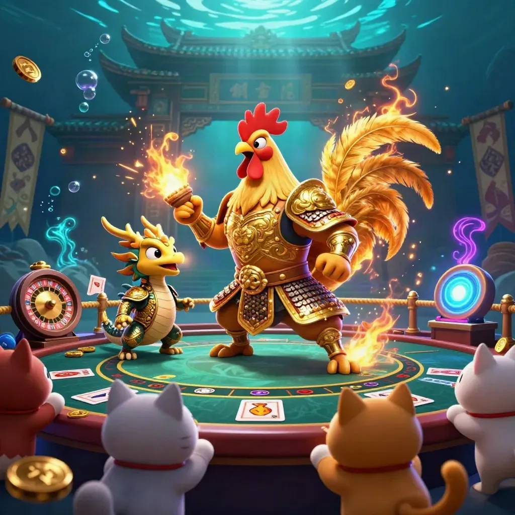 Rooster warrior, dragon hatchling, and fortune cat in a glowing casino-temple underwater scene