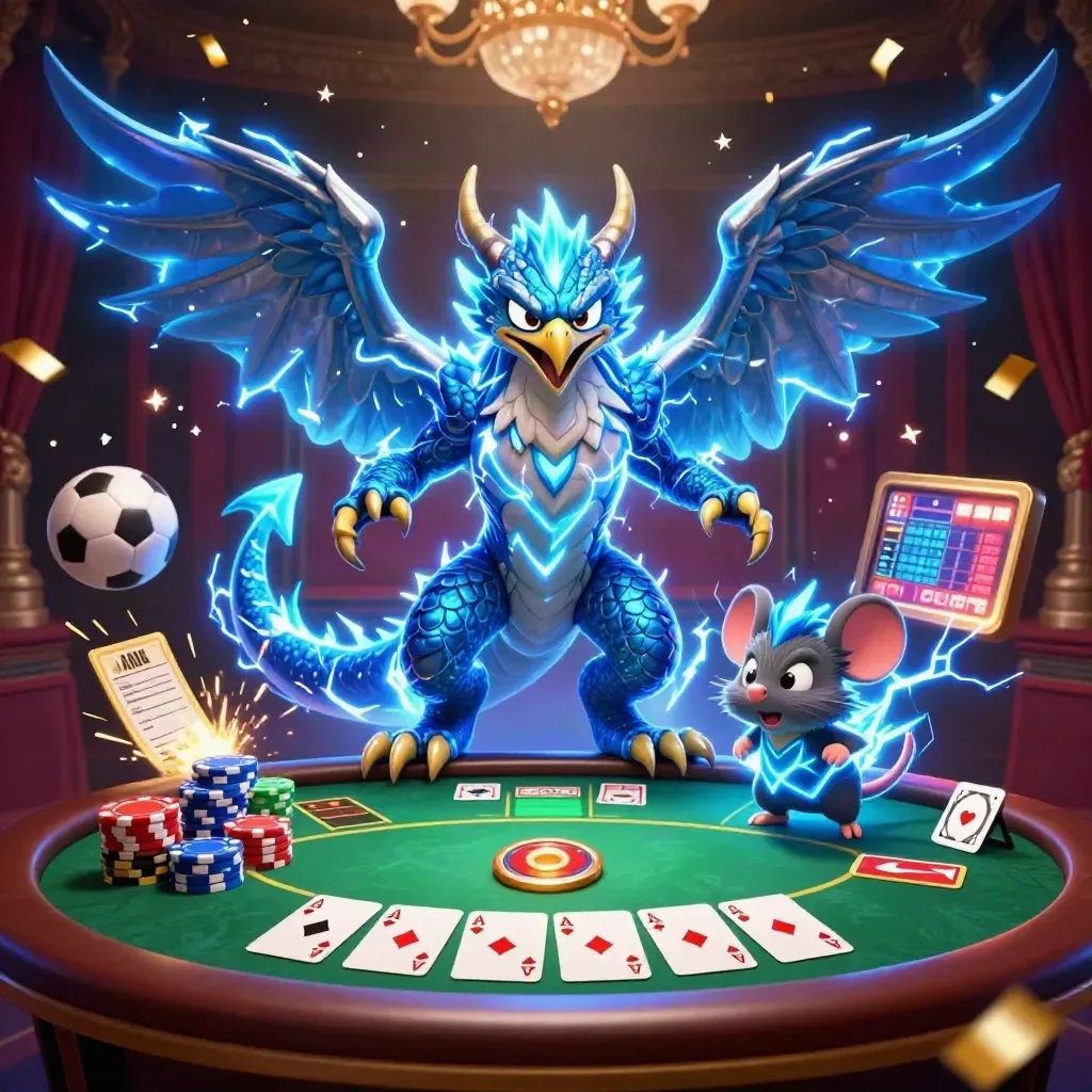 Thunder dragon, wind hawk, and static mouse amid casino chips and sports balls under gold damask light.
