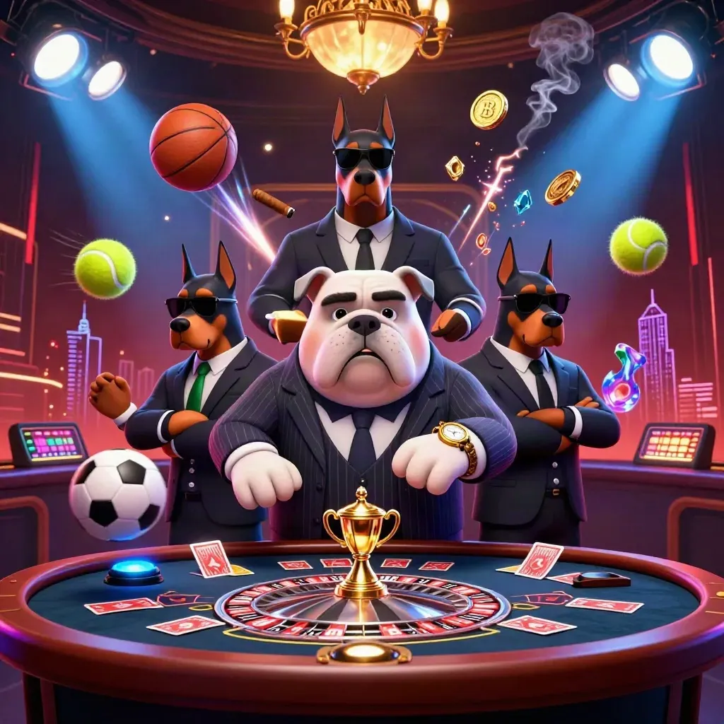 Cartoon mafia bulldog and two Dobermans amid casino lights, sports balls, trophies, and neon effects.