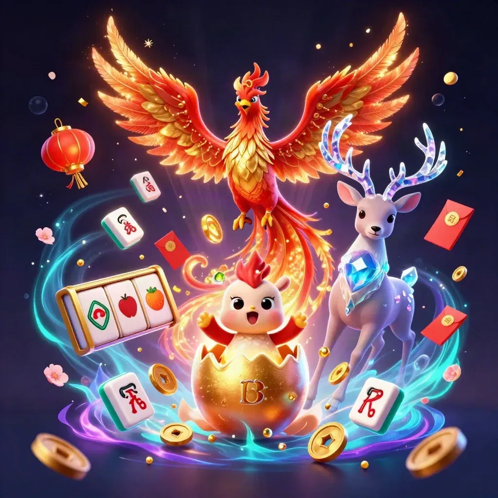 Fire phoenix, baby phoenix, and crystal stag amid casino treasures, neon glow, bubbles, and starry magic.
