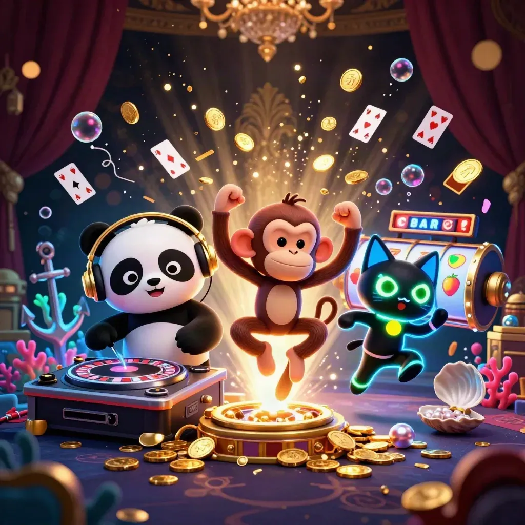 DJ panda, dancing monkey, and rave kitten amid treasure, coral, and casino effects.
