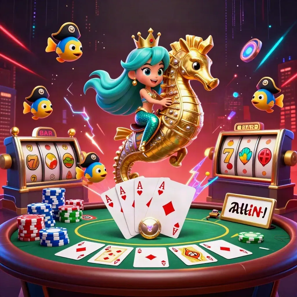 Mermaid princess rides armored seahorse amid poker chips, cards, fish, and neon casino effects.
