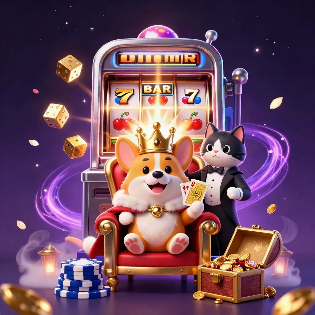 Royal corgi king and cat butler amid exploding slot jackpot, chips, dice, gold, and glowing magic.