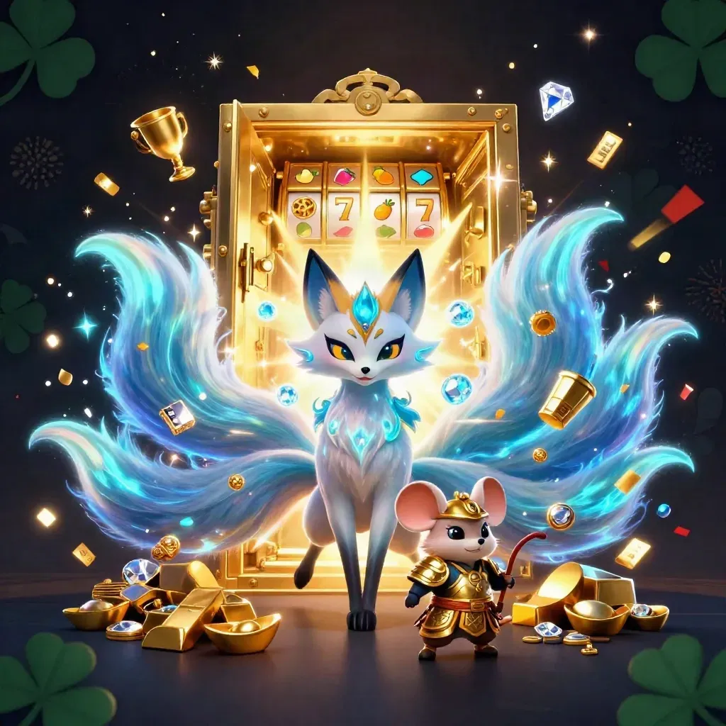 Nine-tailed fox spirit and armored mouse with vault door, gems, and casino effects