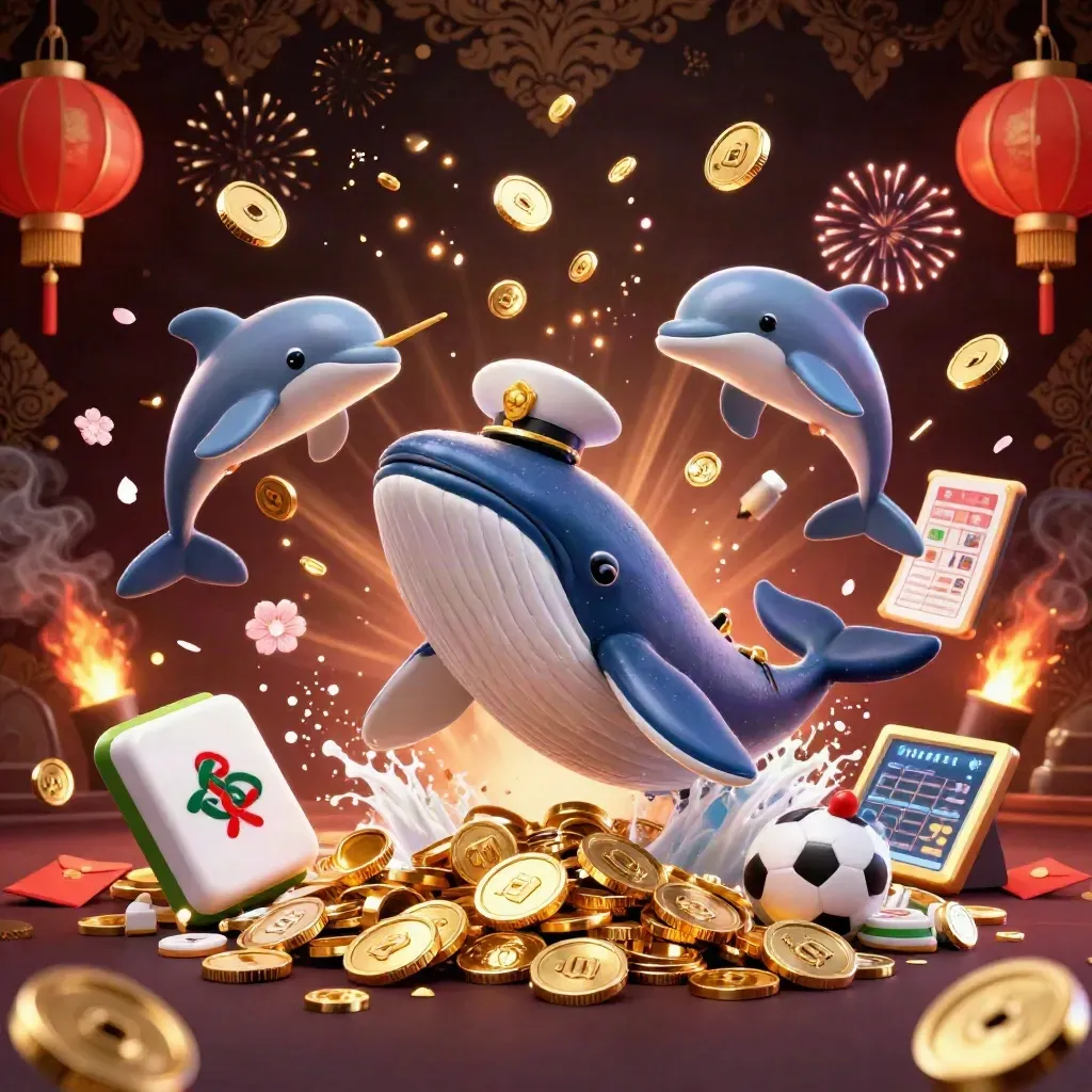 Whale captain, narwhal, and dolphins bursting from coins amid festive casino effects.