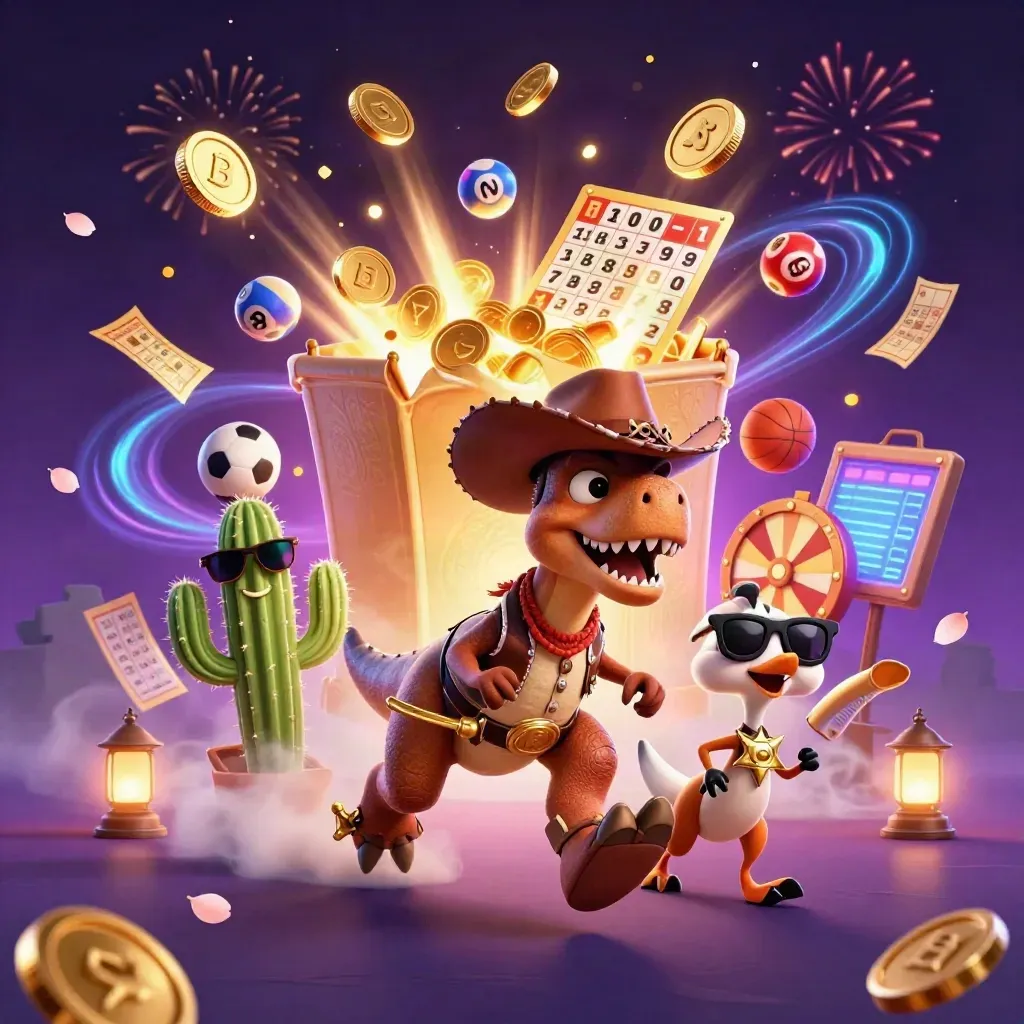 Cowboy T-Rex, cactus sidekick, and roadrunner amid casino bursts, coins, fireworks, and sports props.