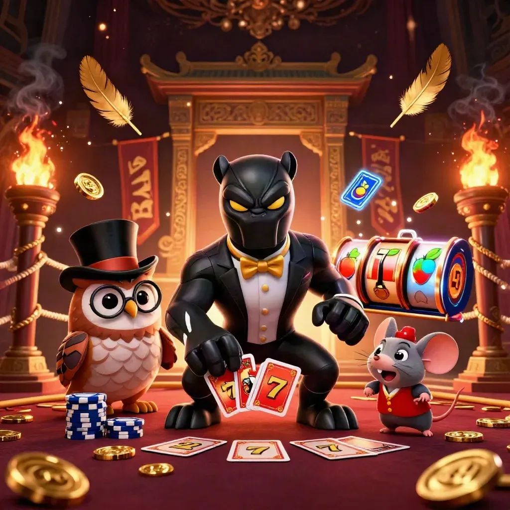 Panther, owl, and mouse casino heroes amid temple gate, chips, coins, and fiery effects.