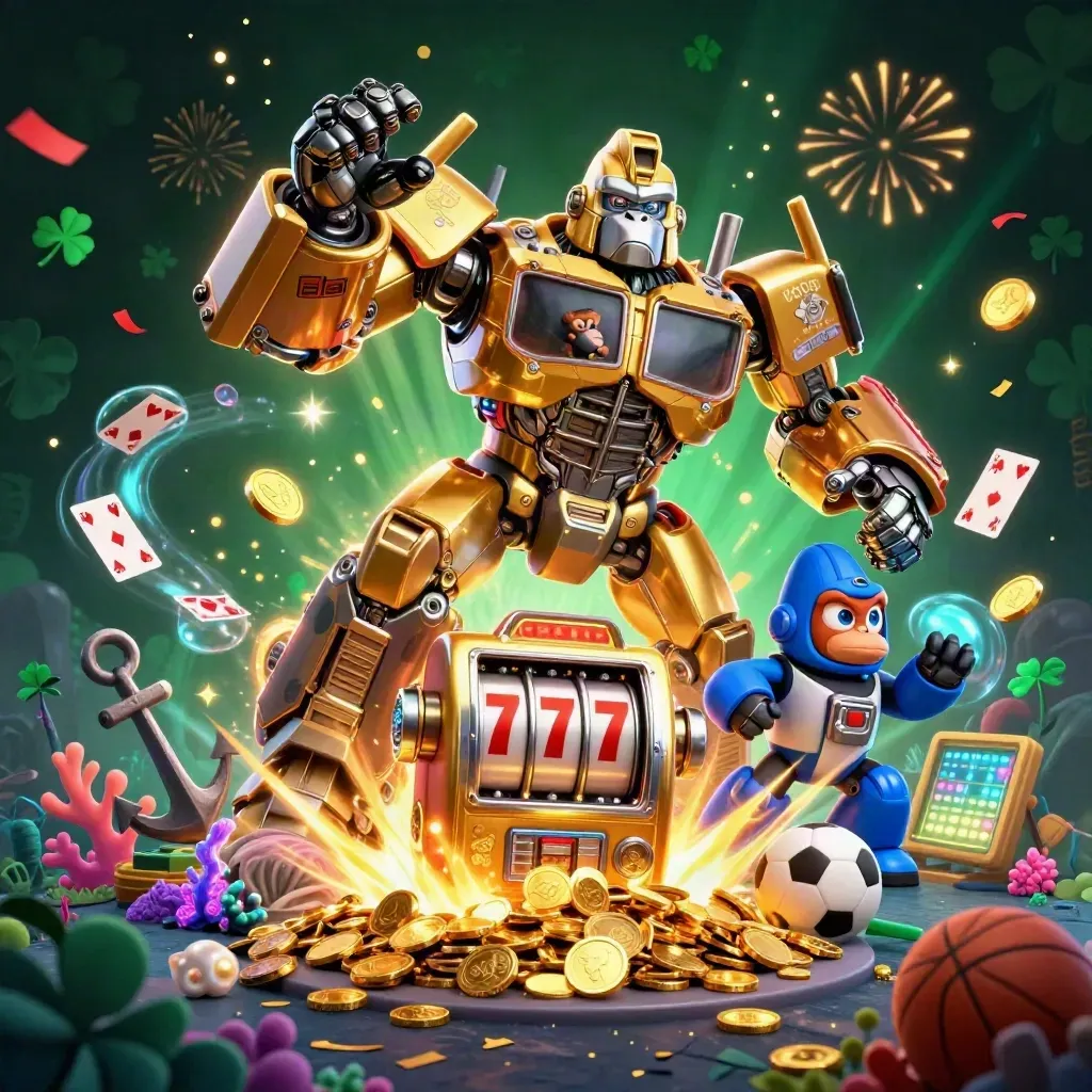 Golden gorilla mech with monkey pilot amid coins, coral, sports icons, fireworks, and casino energy.