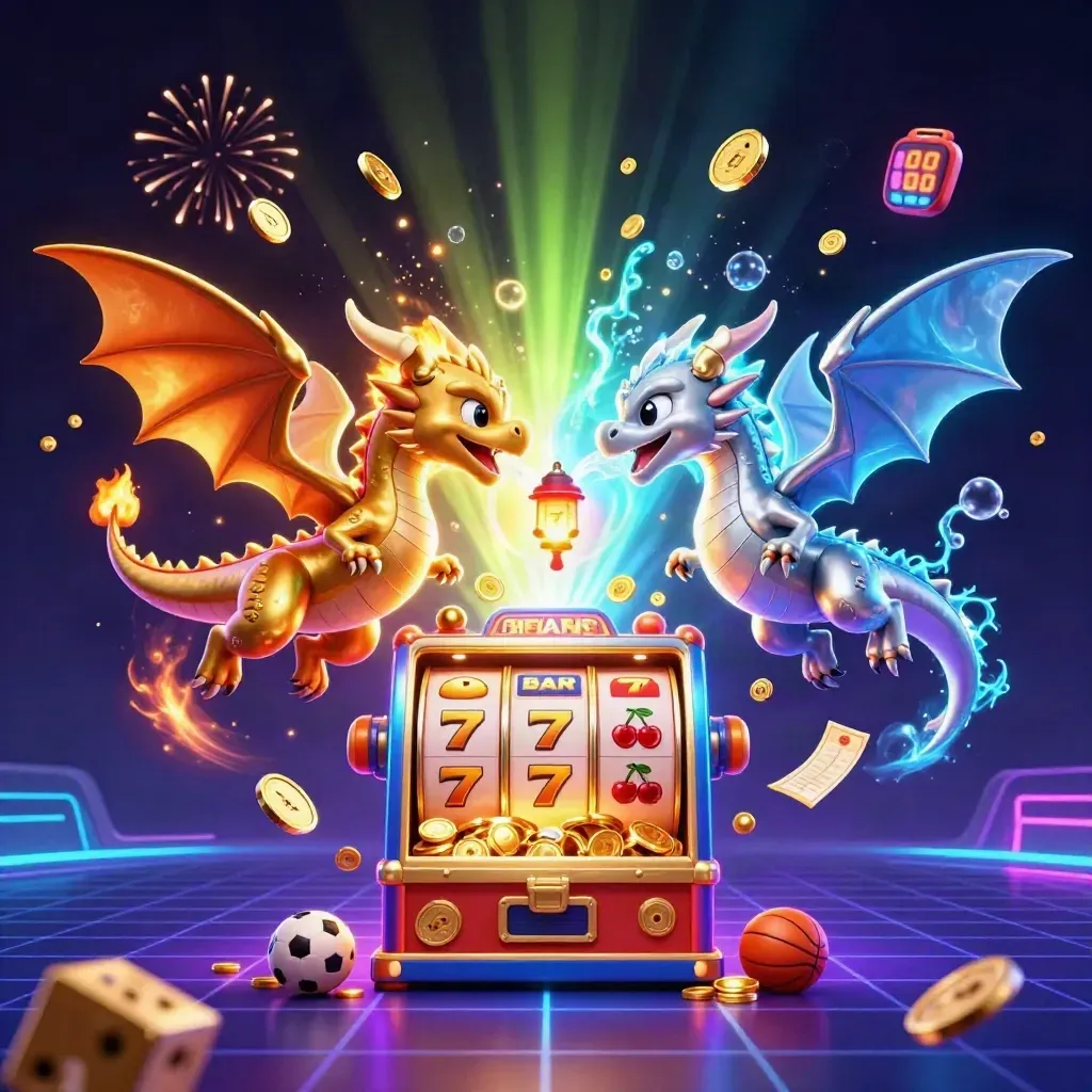 Twin gold and silver dragons with casino symbols, coins, fireworks, and neon glow.