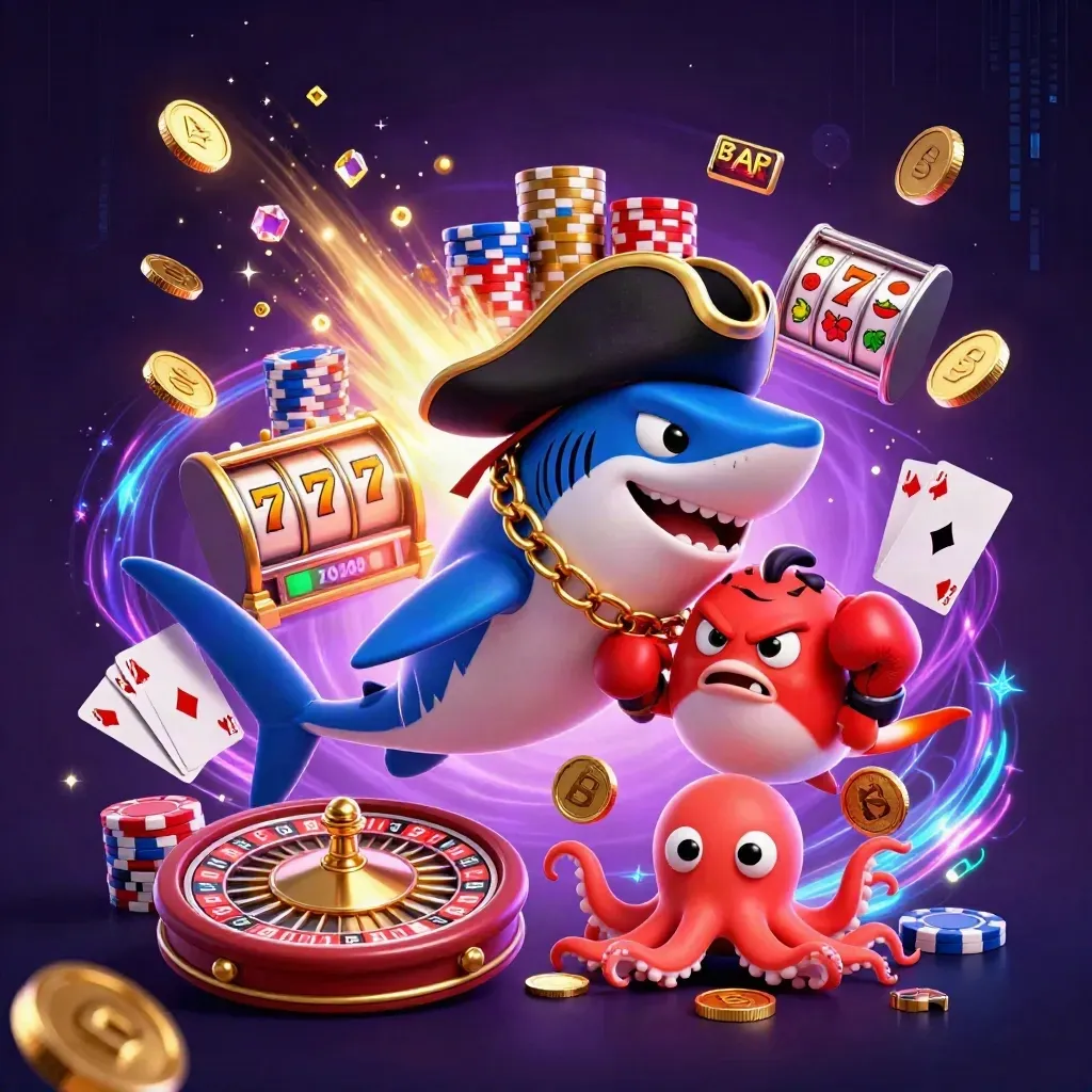 Shark pirate, boxing pufferfish, and juggling octopus amid casino coins and neon effects