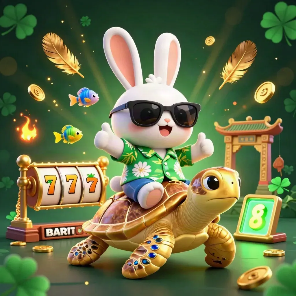 Lucky rabbit rides a gem-shell sea turtle through casino magic, coins and reels swirling.